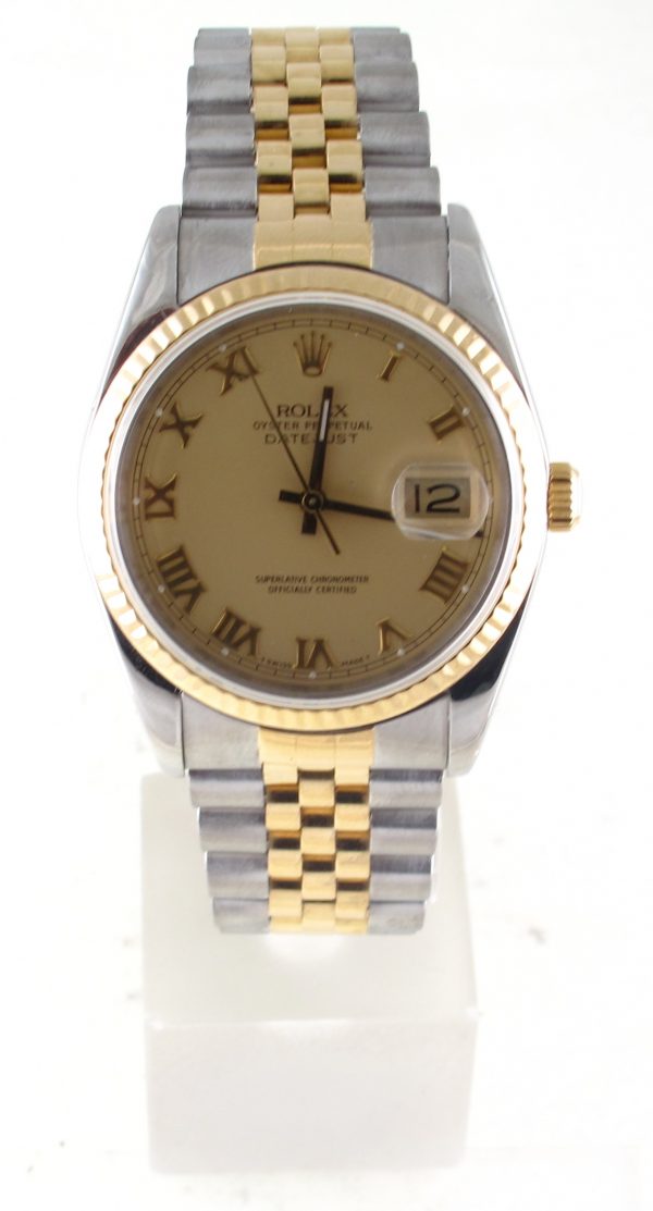 Pre-Owned 1989 Two Tone Rolex Datejust 36MM Watch Cream Roman Dial With Fluted Bezel Jubilee Band Model# 116233 Front