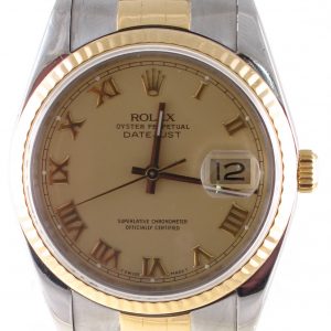 Pre-Owned 1989 Two Tone Rolex Datejust 36MM Watch Cream Roman Dial With Fluted Bezel Jubilee Band Model# 116233 Front Close