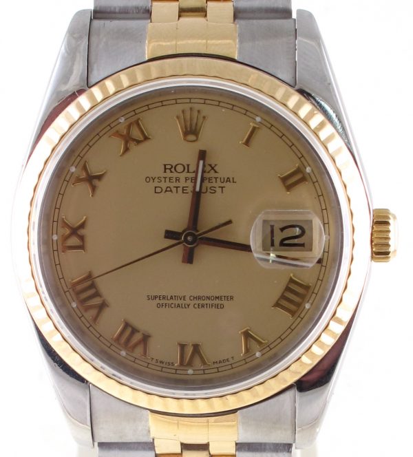 Pre-Owned 1989 Two Tone Rolex Datejust 36MM Watch Cream Roman Dial With Fluted Bezel Jubilee Band Model# 116233 Front Close