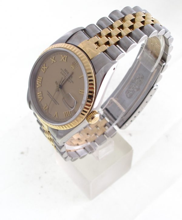 Pre-Owned 1989 Two Tone Rolex Datejust 36MM Watch Cream Roman Dial With Fluted Bezel Jubilee Band Model# 116233 Left