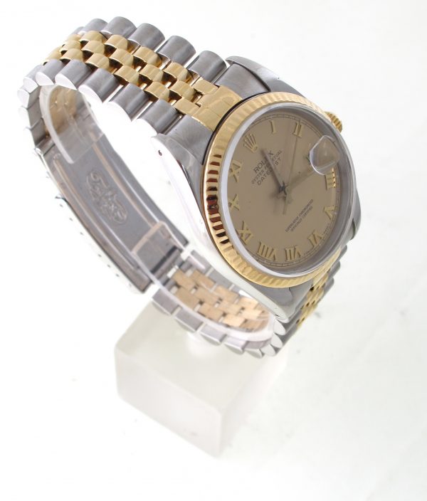 Pre-Owned 1989 Two Tone Rolex Datejust 36MM Watch Cream Roman Dial With Fluted Bezel Jubilee Band Model# 116233 Right