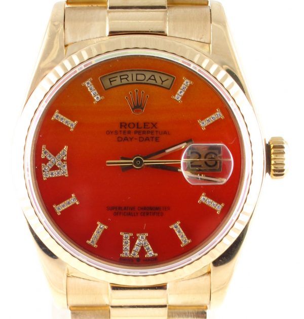 Pre-owned Rolex Day-Date Presidential (1984) 18038 (Presidential Single Quick Set) 18k Yellow Gold With Carnelian Diamond Dial With Model 18038 Front Close