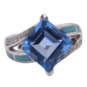 Swiss Blue Topaz, Turquoise and Diamond 5.45 ctw Ring 10k White Gold Front