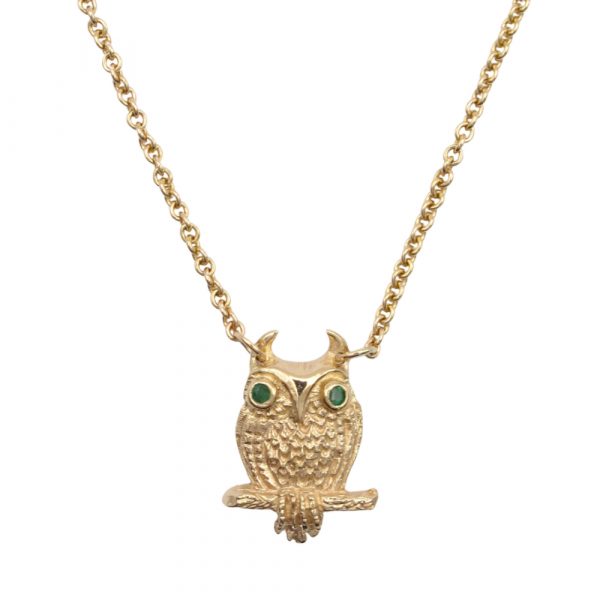 Yellow Gold Owl Station Necklace Emerald Eyes Closeup
