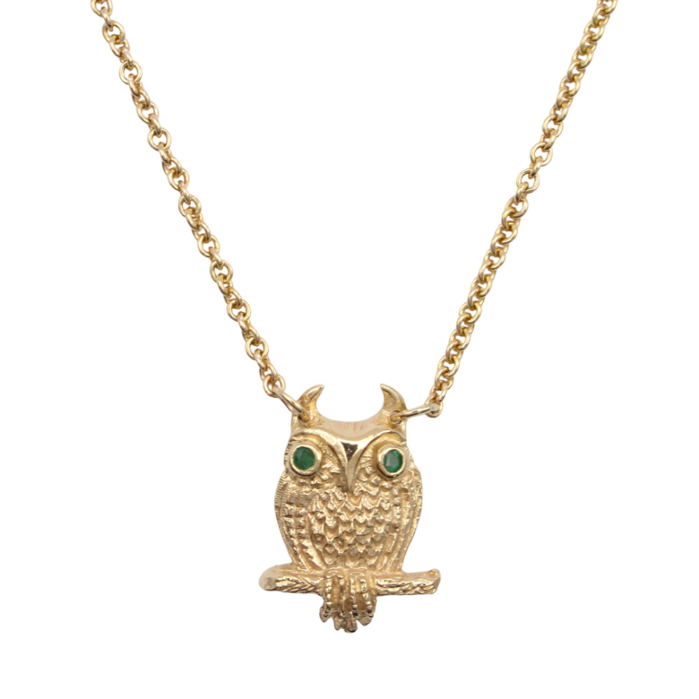Detailed Horned Owl Station Necklace 14k Yellow Gold with Emeralds