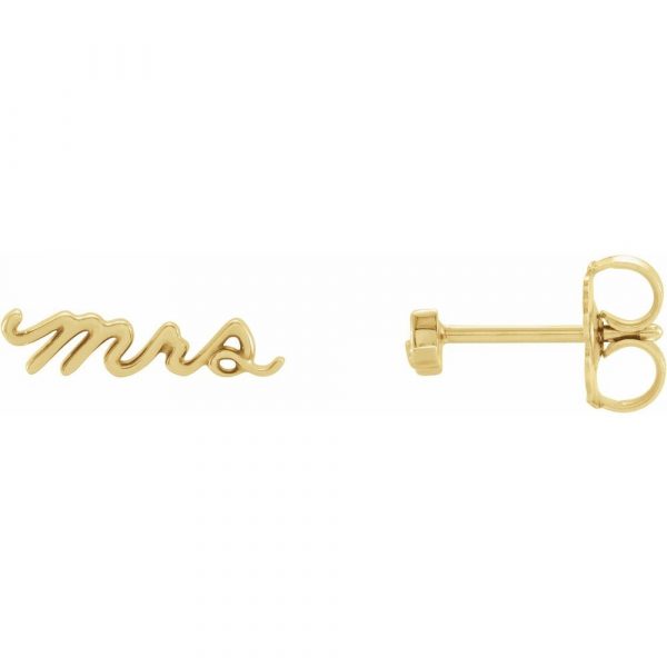 Cursive Mrs Stud Earrings 14k Gold Profile