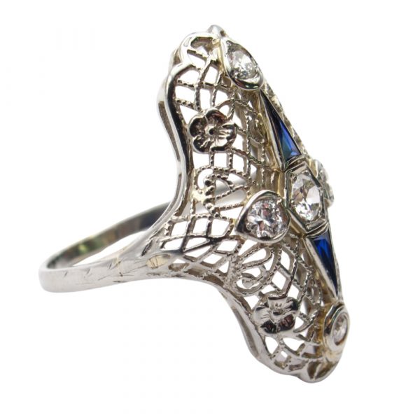 Edwardian Sapphire Diamond Navette Ring 18k Side