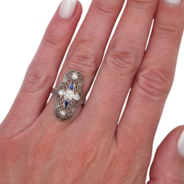 Edwardian Sapphire Diamond Navette Ring 18k Worn