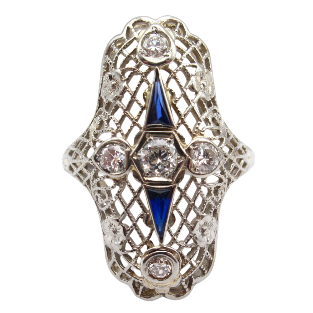 Early 1900’s Edwardian Sapphire & Diamond Navette Ring .37ctw 18k White Gold