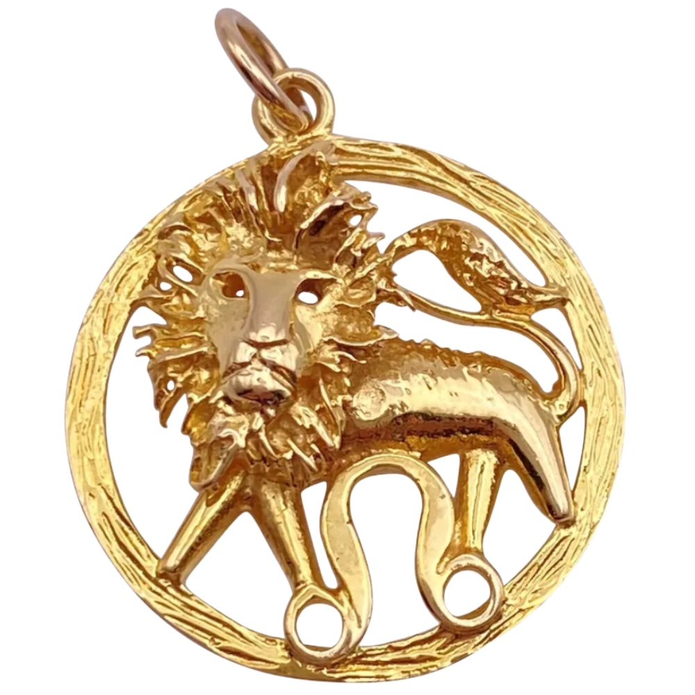 LEO Zodiac Vintage Pendant Charm 14K Gold Three-Dimensional