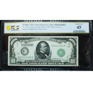 1928 $1000 Federal Reserve Note Philadelphia Dark Green Seal PCGS 45 Extra Fine