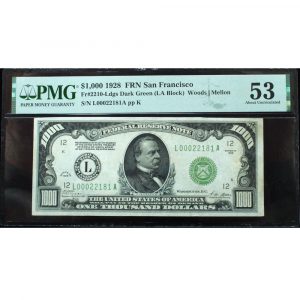 1928 $1000 Federal Reserve Note San Francisco Dark Green Seal PMG 53 About Uncirculated