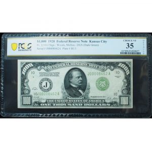 1928 $1000 Federal Reserve Note Kansas City Dark Green Seal PCGSC 35 Very Fine Details
