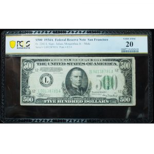 1934 A $500 Federal Reserve Note San Francisco Mule PCGS 20 Very Fine