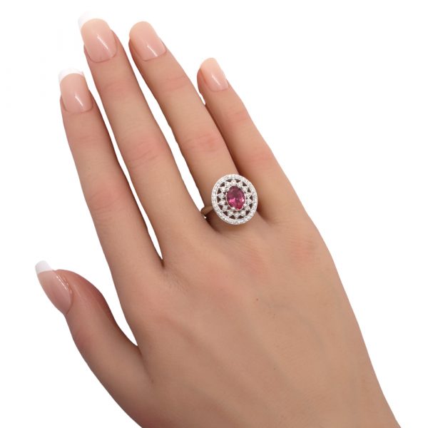 2 carat Pink Tourmaline Double Halo Ring White Gold Worn