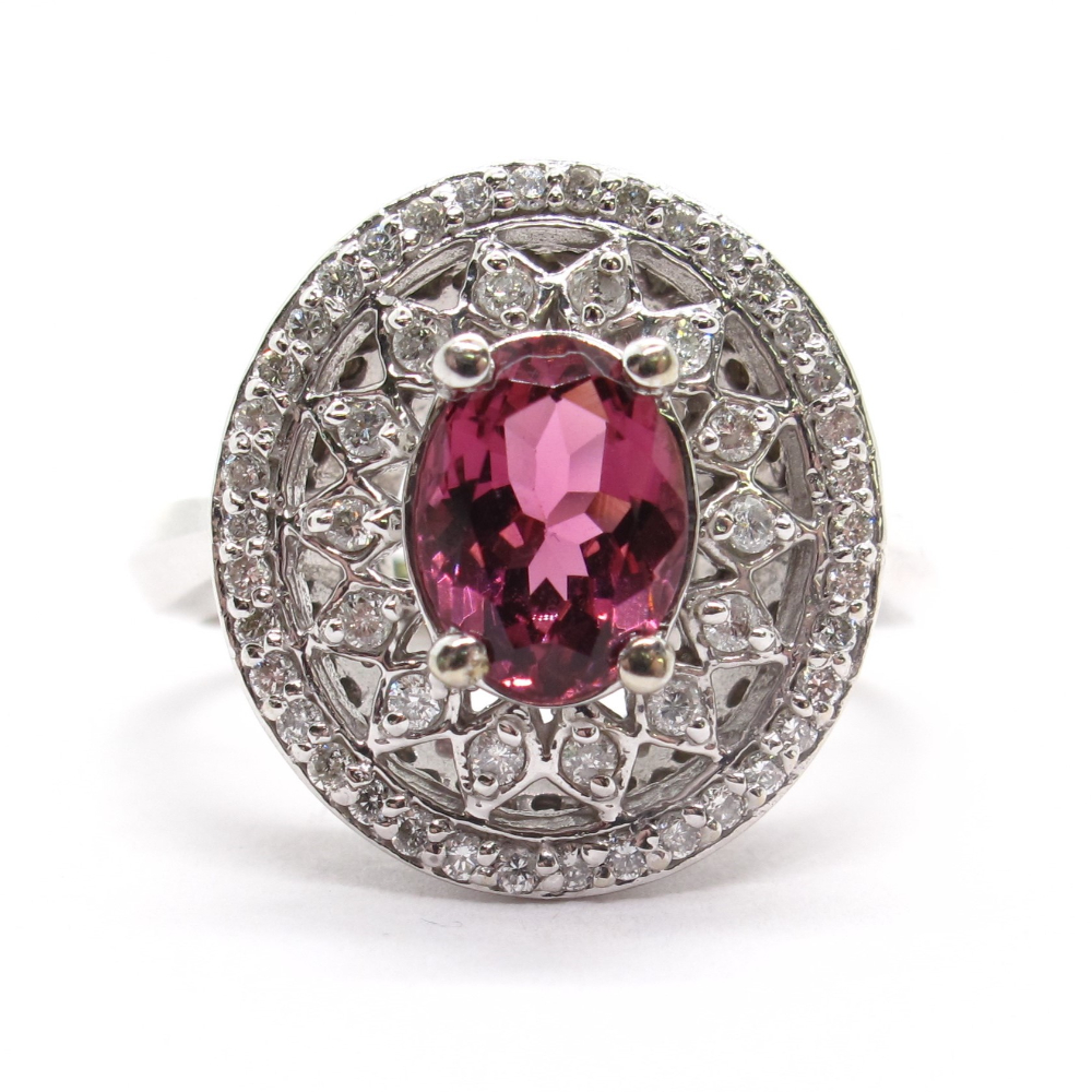 Pink Tourmaline and Diamond Double Halo Ring 2.59 ctw 14k White Gold