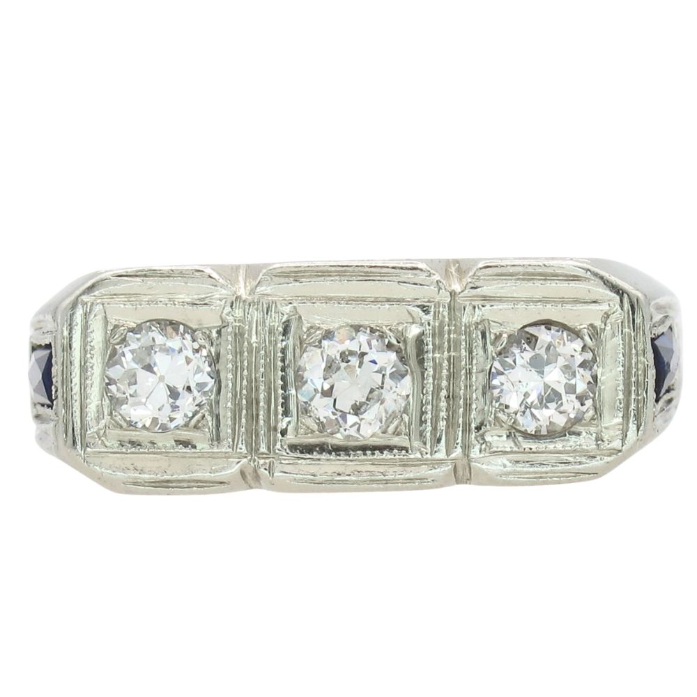 3-Stone Old Euro Diamond Art Deco Unisex Ring 18K