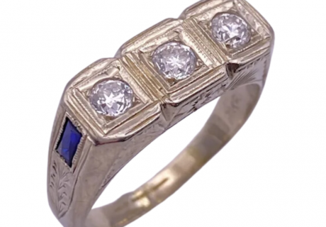 Art Deco Diamond and Sapphire Mens Unisex Band Ring 18K White Gold .90 Carat TGW