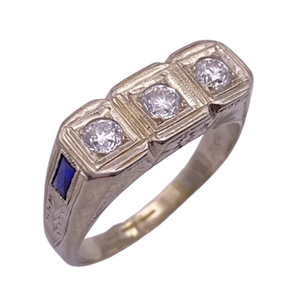 Art Deco Mens Ring with Diamonds and Sapphires 18K