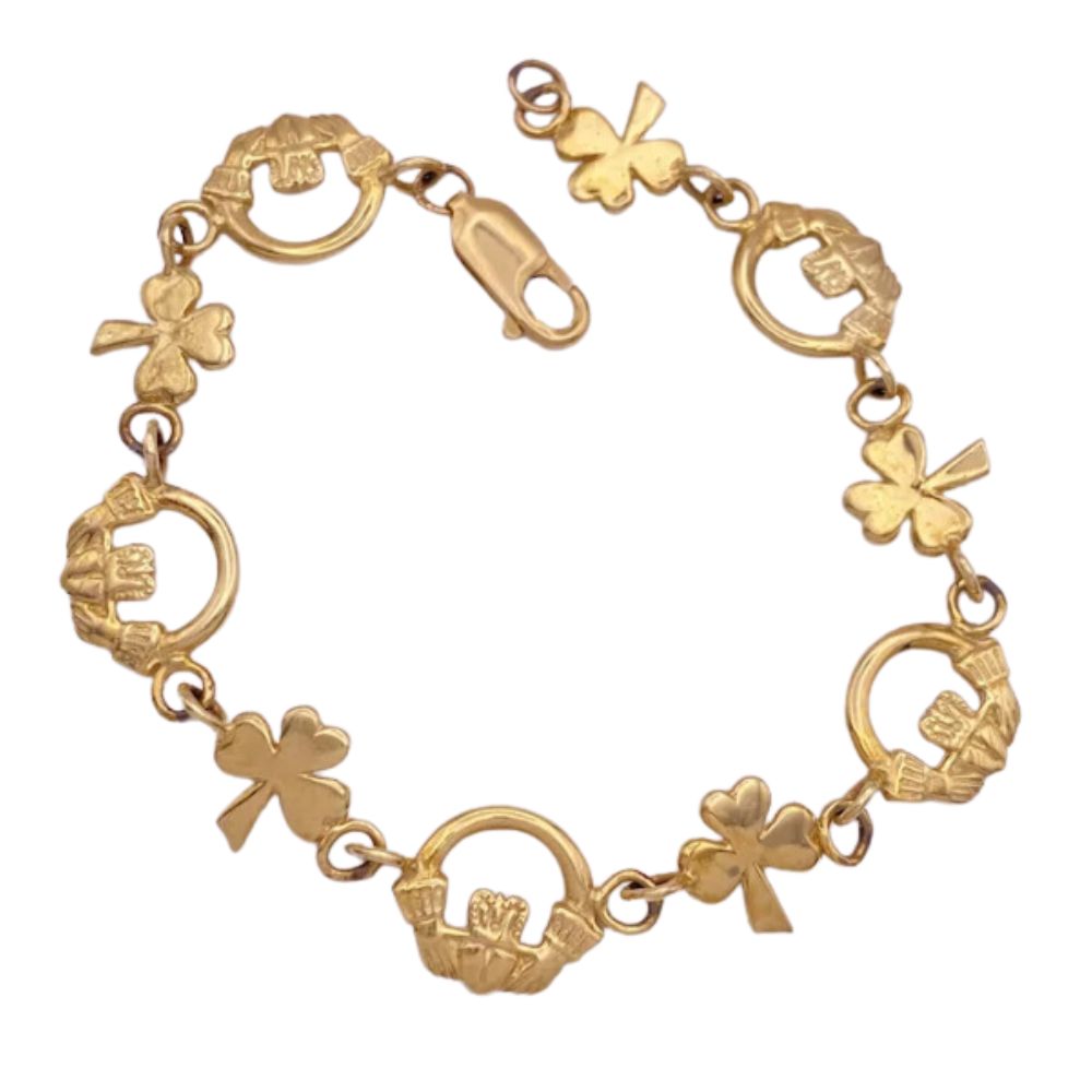 Celtic Bracelet 14K Gold Shamrock and Claddagh Link Design