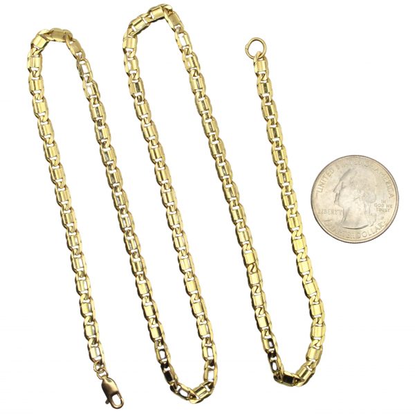 Fancy Beveled Flat Chain Link Necklace 14K Yellow Gold ~ 21 1/2" ~ 20.6 Grams Coin Size Comparison