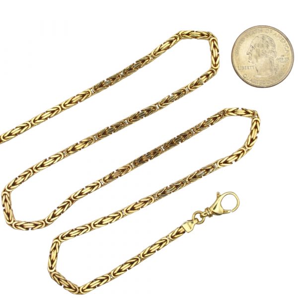 Heavy Solid Byzantine Squared Chain Link Necklace 14K Yellow Gold ~ 20 1/4" ~ 37.6 Grams Coin Size Comparison