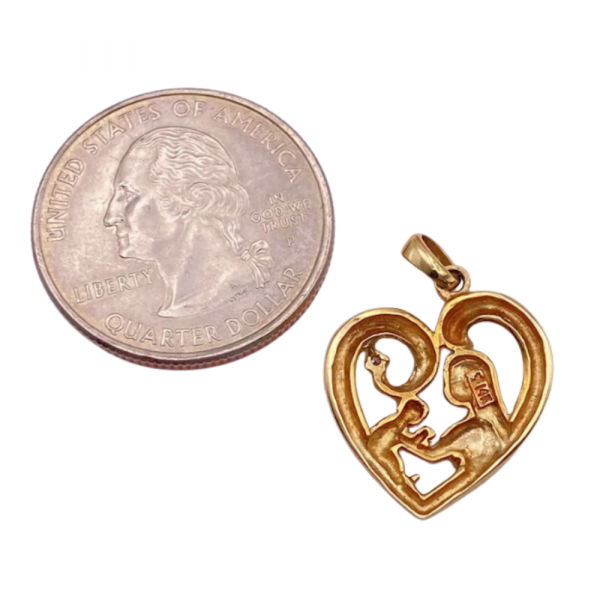 Mom and Baby Heart Pendant Charm 14K Gold Diamond Accent back and size comparison