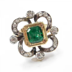 Natural Emerald and Diamond 1.76 ctw Georgian Ring 14k Gold and Silver