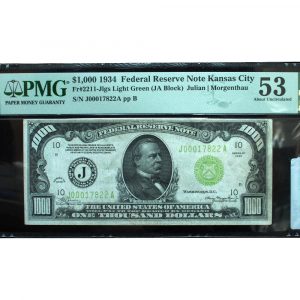 1934 $1000 Federal Reserve Note Light Green Missouri PMG 53 About Uncirculated