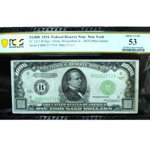1934 $1000 Federal Reserve Note New York PCGS 53 About Uncirculated