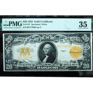 1922 $20 Gold Certificate FR# 1187 PMG 35 Very Fine