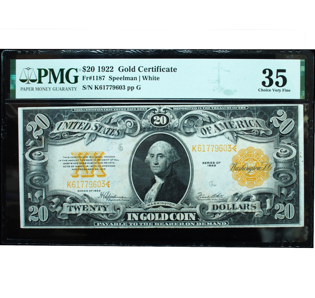 1922 $20 Gold Certificate FR# 1187 PMG 35 Very Fine