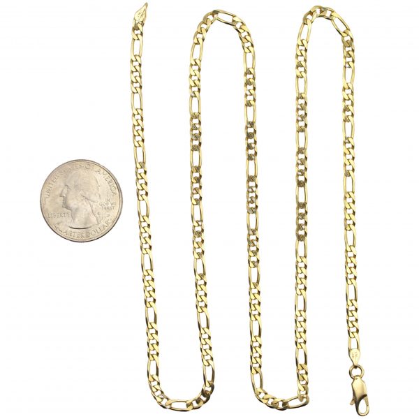 Solid Figaro Flat Chain Link Necklace 14K Yellow Gold ~ 24" ~ 15.9 Grams Coin Size Comparison