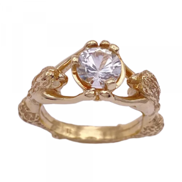 Unique Custom Double MERMAID Ring 14K Gold Solitaire White Spinel 1.33 Carat