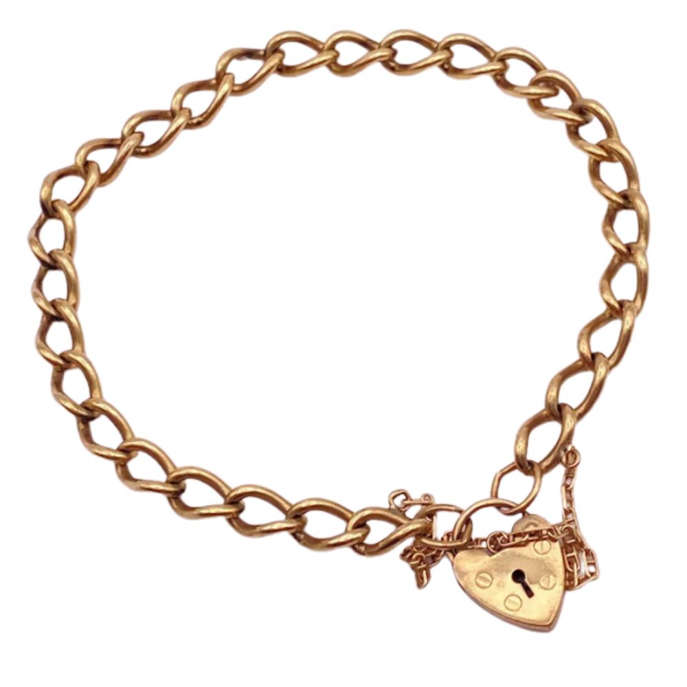 Victorian Revival Link Bracelet with Pinch Heart Lock Charm Clasp 9K English Gold