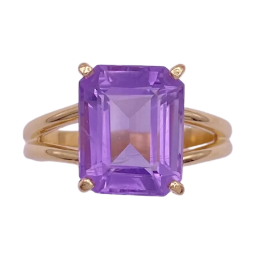 Vintage Amethyst Solitaire Ring Emerald Cut 3.15 Ct 14K Gold