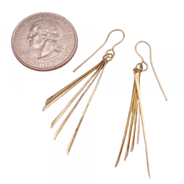 Vintage Dangle Earrings 14K Gold Tassel Fringe Hammered Design size comparison