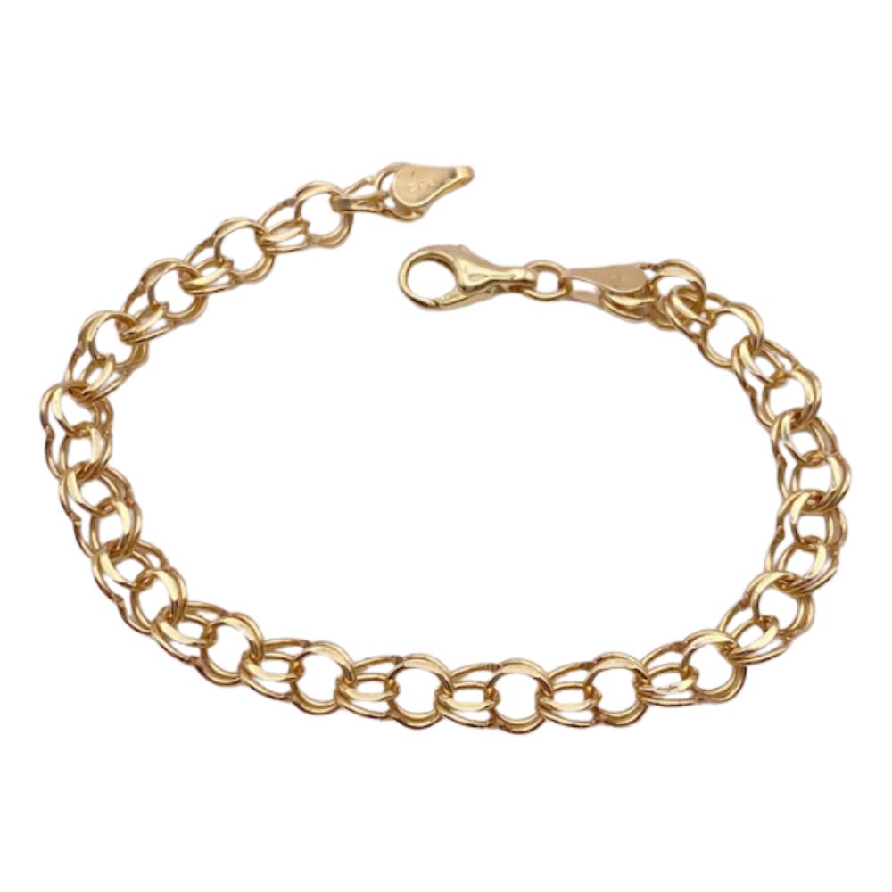 Vintage Double Link Charm Bracelet 14K Gold 7-1/8″ Length 7.6 Grams