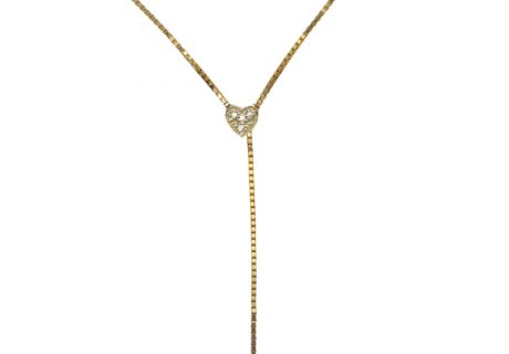 .06ctw Diamond Heart Lariat Box Chain Link Necklace 14K Yellow & White Gold ~ Adjustable ~ Two-Tone Front