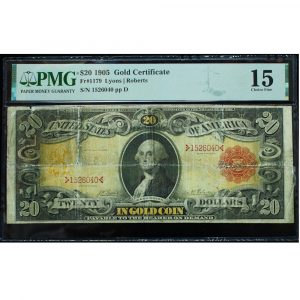 1905 $20 Technicolor Gold Certificate PMG 15