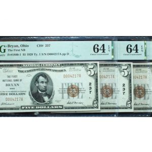 3x Matching Serial 1929 $5 National Currency Bryan, OH Ch# 237 PMG 64 & 55 EPQ