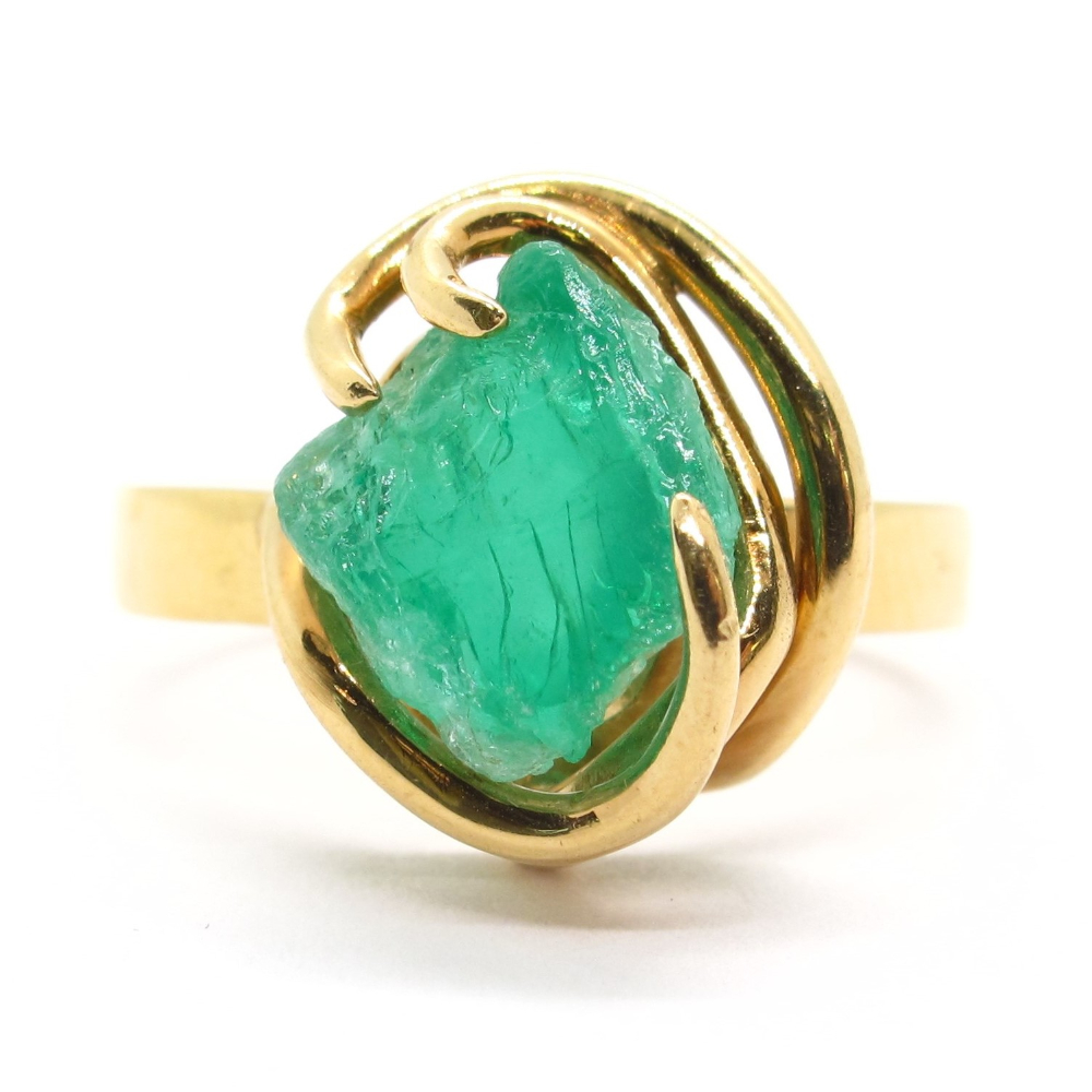 Natural Raw/ Rough Columbian Emerald Ring 4.54 carats 18k Yellow Gold
