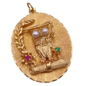 Big Jeweled Vintage Charm Wise Owl, Graduation 14K Gold