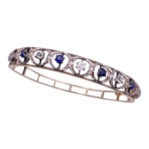 Blue and White Sapphire Bangle Bracelet 14K Yellow and White Gold circa 1920-30's