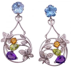 Colorful Gemstone BUTTERFLY Detail Dangle Earrings 14K White Gold