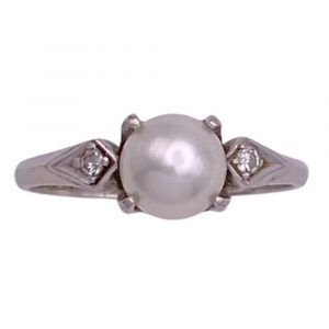 Cultured Pearl and Diamond 14K White Gold 6.5 MM