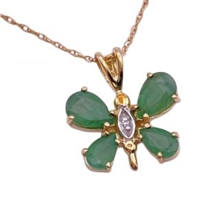 Natural Emerald and Diamond Butterfly Pendant Necklace 10K Gold