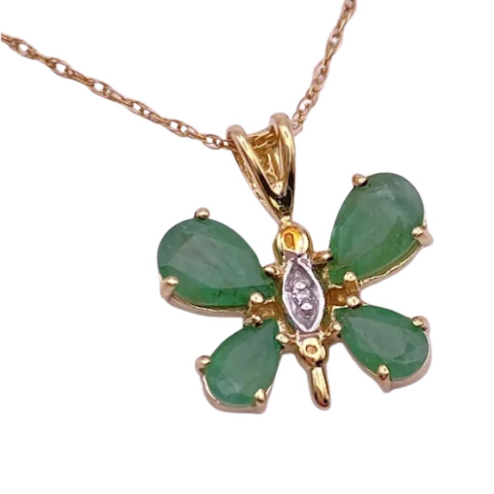Emerald and Diamond Butterfly Pendant Necklace