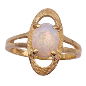 Natural Opal Solitaire Ring Oval Halo Frame 14K Gold
