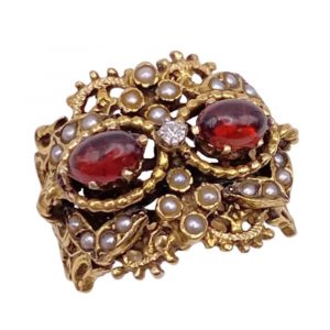 Opulent Victorian Revival Ring Cabochon Garnet, Seed Pearl and Diamond 14K Gold